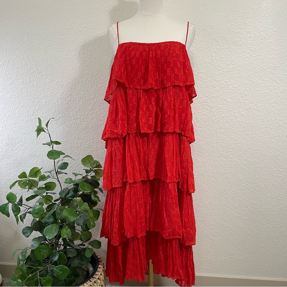 Anthropologie Red Tiered Ruffle Maxi Dress